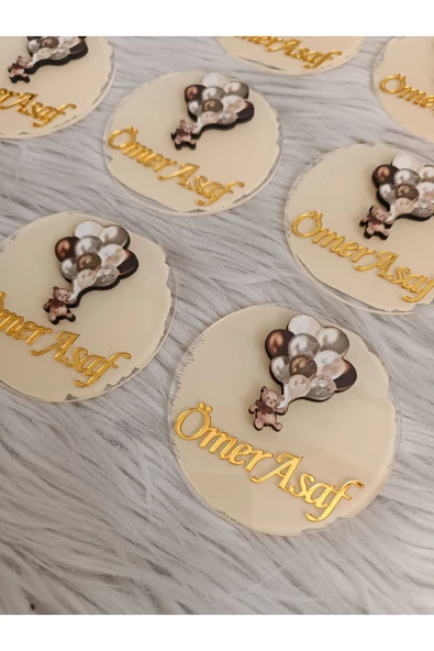 Doğrukan Hediyelik Kahverengi balonlu ayıcık konsept pleksi yenidoğan doğum günü mevlüt magnet hediyelik (10 adet) - Resim 2