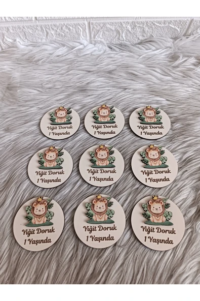 Doğrukan Hediyelik 15 adet ahşap tabanlı aslan figürlü yenidoğan doğum günü magnet hediyelik - Resim 2
