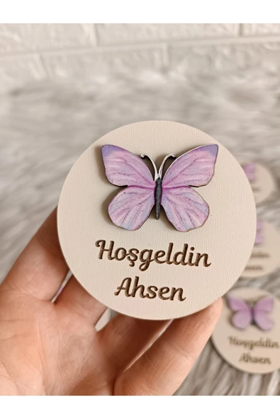 Doğrukan Hediyelik Pembe antenli kelebek figürlü ahşap yenidoğan doğum günü magnet hediyelik (10 adet) ürün görseli