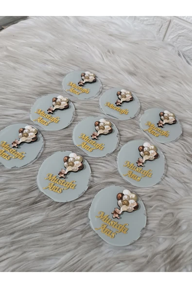 Doğrukan Hediyelik Kahverengi balonlu ayıcık figürlü pleksi yenidoğan doğum günü magnet hediyelik(10 adet) - Resim 3