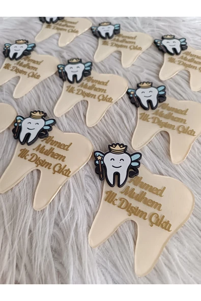 Doğrukan Hediyelik 10 adet krem tabanlı diş şeklinde pleksi figürlü diş buğdayı magnet hediyelik yenidoğan hediyesi - Resim 2