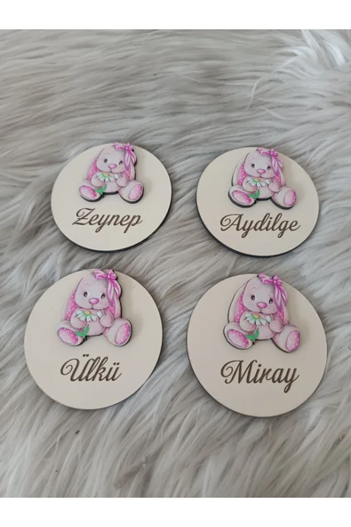 Doğrukan Hediyelik Çiçekli Pembe Tavşan Ahşap Yenidoğan Doğum Günü Magnet Hediyelik(20 ADET) - Resim 2