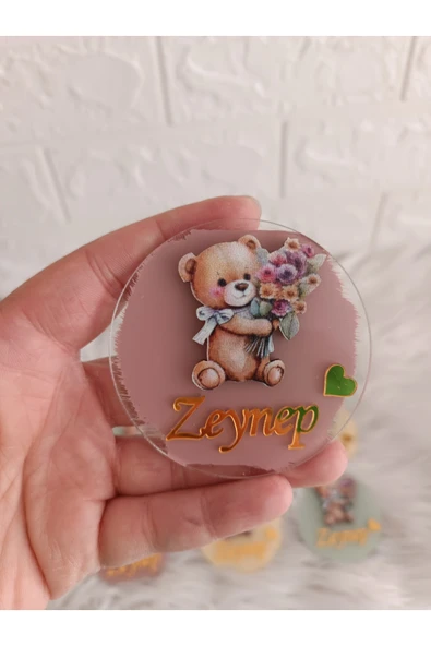 Doğrukan Hediyelik 10 adet çiçekli ayıcık figürlü pleksi magnet yenidoğan doğum günü mevlüt hediyelikleri ürün görseli