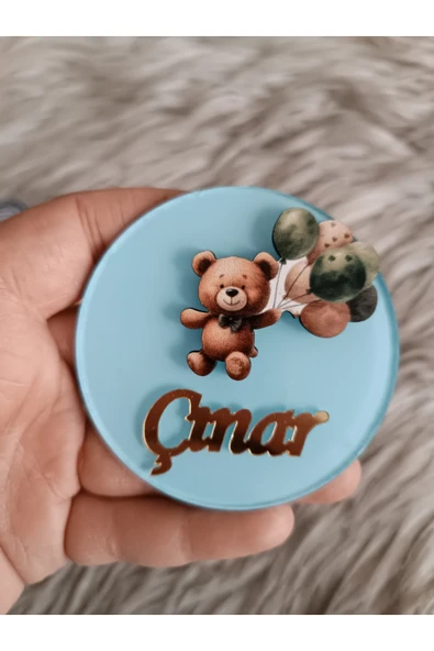 Doğrukan Hediyelik Yeşil balonlu kahverengi ayıcık figürlü pleksi yenidoğan doğum günü magnet hediyelik (10 adet) ürün görseli