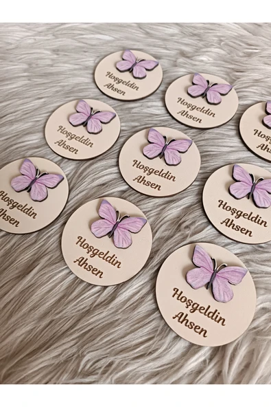 Doğrukan Hediyelik Pembe antenli kelebek figürlü ahşap yenidoğan doğum günü magnet hediyelik (10 adet) - Resim 3