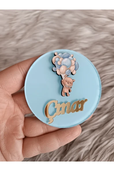 Doğrukan Hediyelik Mavi balon tutan ayıcık pleksi yenidoğan doğum günü magnet hediyelik (10 adet) ürün görseli
