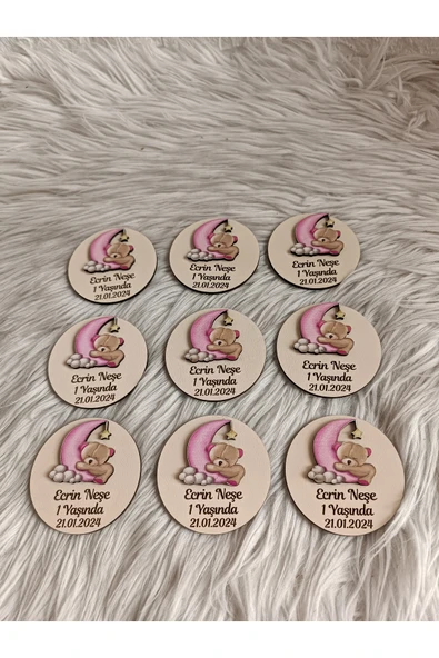 Doğrukan Hediyelik 10 adet pembe ayda ayıcıklı ahşap magnet yenidoğan doğum günü mevlüt hediyelikleri - Resim 3