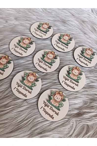 Doğrukan Hediyelik 15 adet ahşap tabanlı aslan figürlü yenidoğan doğum günü magnet hediyelik - Resim 3