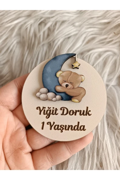 Doğrukan Hediyelik Lacivert ayda ayıcık figürlü ahşap yenidoğan doğum günü magnet hediyelik (10 adet) ürün görseli