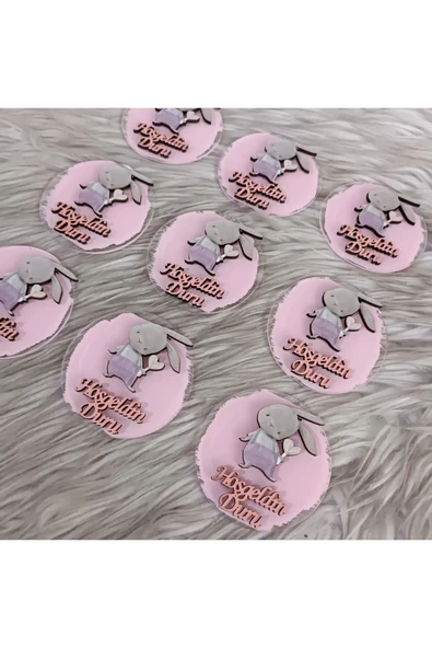 Doğrukan Hediyelik 10 adet pembe tulumlu tavşan figirlü yenidoğan doğum günü hediyelik magnet - Resim 3