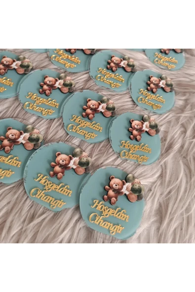 Doğrukan Hediyelik Yeşil balonlu ayıcık figürlü pleksi yenidoğan doğum günü magnet hediyelik (10 adet) - Resim 3