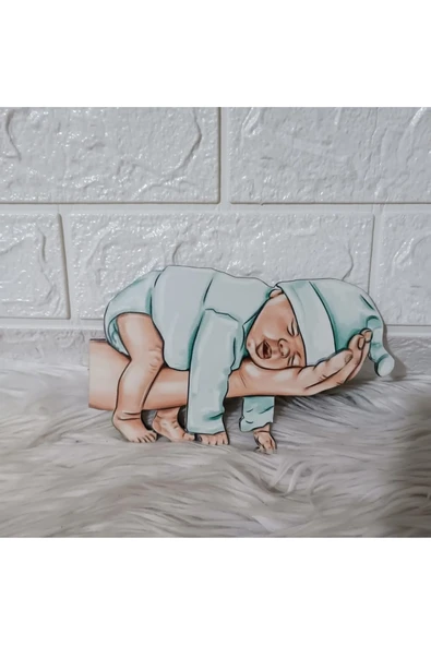 Doğrukan Hediyelik 15 cm UV baskılı ahşap el üstünde uyuyan bebek figür 1 adet bebek ürün kapı süsü süslemesine uygun ürün görseli