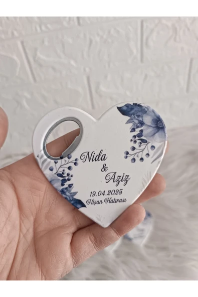 Doğrukan Hediyelik 20 adet kalp açacak magnet mavi çiçekli nişan hatırası