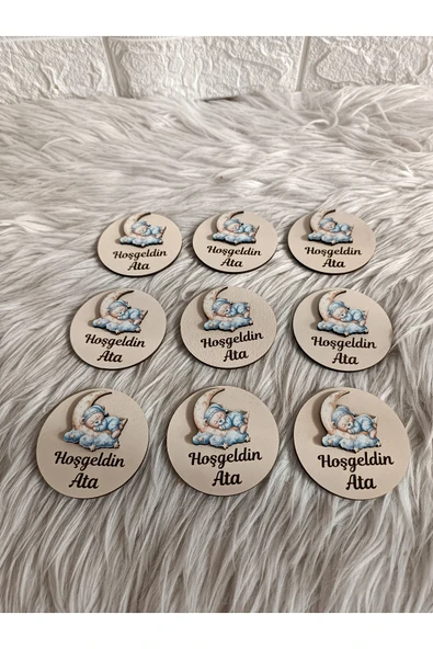 Doğrukan Hediyelik 10 adet ayda uyuyan pijamalı ayıcık figürlü ahşap taban magnet yenidoğan doğum günü mevlüt hediyelik - Resim 3
