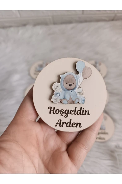 Doğrukan Hediyelik Mavi çiçekli balonlu ayıcık figürlü ahşap yenidoğan doğum günü mevlüt hediyelik (10 adet) ürün görseli