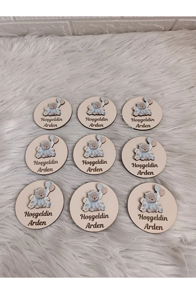 Doğrukan Hediyelik Mavi çiçekli balonlu ayıcık figürlü ahşap yenidoğan doğum günü mevlüt hediyelik (10 adet) - Resim 3