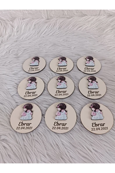 Doğrukan Hediyelik 10 adet arkası dönük oturan kız bebek figürlü ahşap taban magnet yenidoğan doğum günü hediyelikleri - Resim 3