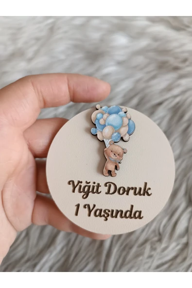 Doğrukan Hediyelik Mavi balon tutan ayıcık ahşap yenidoğan doğum günü magnet hediyelik (10 adet) ürün görseli