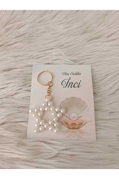 Doğrukan Hediyelik 10 adet krem renk incili yıldız anahtarlık yenidoğan doğum günü mevlüt hediyelikleri - Resim 2