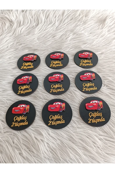 Doğrukan Hediyelik Şimşek McQueen konsept siyah ahşap tabanlı yenidoğan doğum günü magnet hediyelik(10 adet) - Resim 3