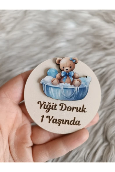 Doğrukan Hediyelik Sepette ayıcık figürlü ahşap yenidoğan doğum günü magnet hediyelik (10 adet) ürün görseli
