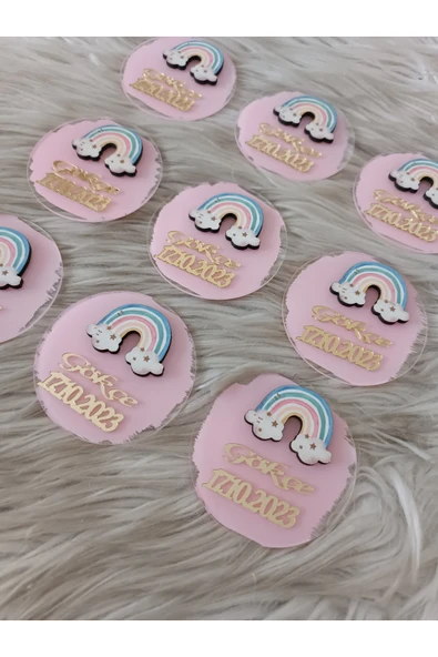 Doğrukan Hediyelik Pastel renk gökkuşağı yenidoğan doğum günü pleksi magnet hediyelik(10 adet) - Resim 4