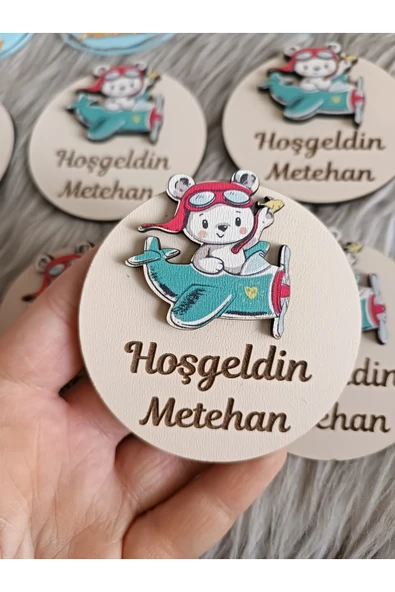Doğrukan Hediyelik Uçakta ayıcık figürlü ahşap yenidoğan doğum günü magnet hediyelik(10 adet) ürün görseli