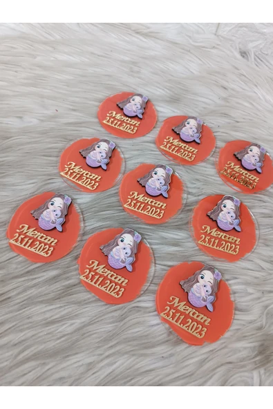 Doğrukan Hediyelik Mercan Renk Tabanlı Deniz Kızı Figürlü Yenidoğan Doğum Günü Hediyelik Pleksi Magnet - Resim 3