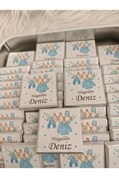 Doğrukan Hediyelik Kare metal kutuda 50 li çikolata yenidoğan doğum günü mevlüt hediyelikleri - Resim 3