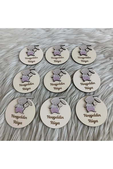Doğrukan Hediyelik Pembe tulumlu tavşan figürlü ahşap yenidoğan doğum günü hediyelik magnet(10 adet) - Resim 2