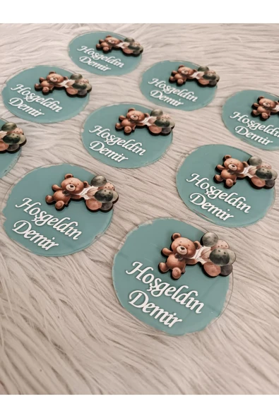Doğrukan Hediyelik Balonlu ayıcık figürlü pleksi magnet yenidoğan doğum günü mevlüt hediyelik folyo yazılı(10 adet) - 2
