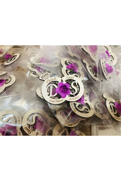 Doğrukan Hediyelik Yüzüklü Ahşap Nişan Nikah Söz Hatırası İçin Çiçekli Magnet Buzdolabı Süsü(20 adet) - 3