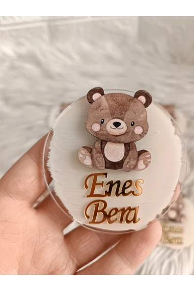 Doğrukan Hediyelik 10 adet kahverengi oturan ayıcıklı pleksi magnet yenidoğan doğum günü mevlüt hediyelikleri ürün görseli