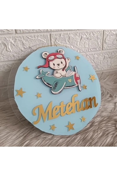 Doğrukan Hediyelik 30 cm uçakta ayıcık figürlü pleksi yenidoğan çocuk odası kapı süsü - Resim 2