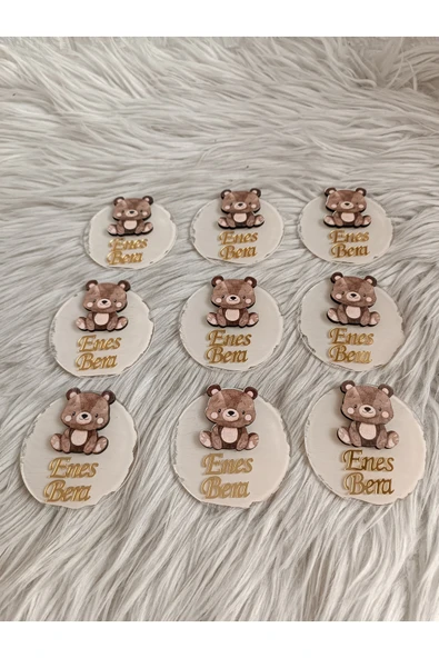 Doğrukan Hediyelik 10 adet kahverengi oturan ayıcıklı pleksi magnet yenidoğan doğum günü mevlüt hediyelikleri - Resim 3