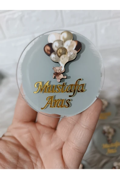 Doğrukan Hediyelik Kahverengi balonlu ayıcık figürlü pleksi yenidoğan doğum günü magnet hediyelik(10 adet) ürün görseli