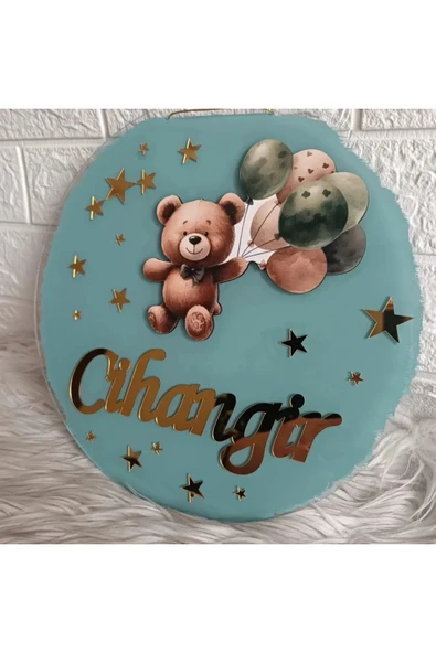 Doğrukan Hediyelik Yeşil balonlu ayıcıklı bebek odası yenidoğan çocuk odası pleksi kapı süsü hediyelik - Resim 3