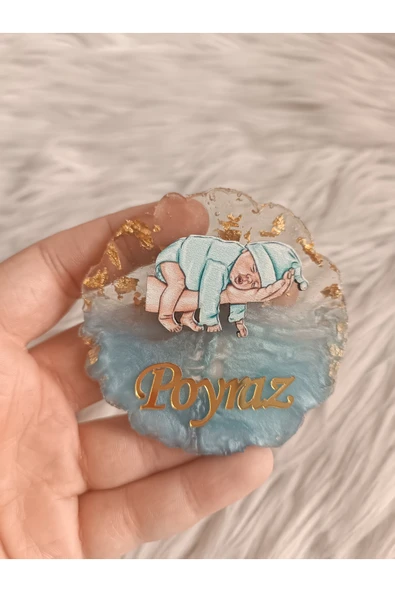 Doğrukan Hediyelik 10 adet el üstünde uyuyan bebek mavi epoksi magnet yenidoğan hediyelik