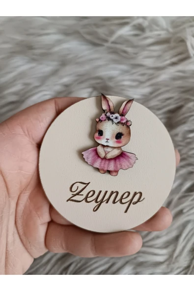 Doğrukan Hediyelik Pembe etekli tavşan yenidoğan doğum günü ahşap taban hediyelik magnet(10 adet) ürün görseli