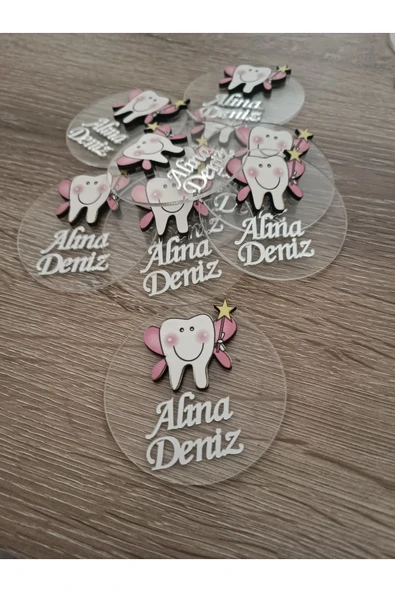 Doğrukan Hediyelik Kanatlı pembe diş figürlü şeffaf pleksi diş buğdayı yenidoğan doğum günü magnet hediyelik (10 adet) ürün görseli