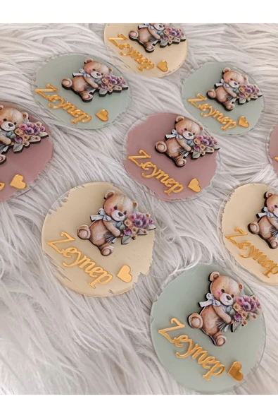Doğrukan Hediyelik 10 adet çiçekli ayıcık figürlü pleksi magnet yenidoğan doğum günü mevlüt hediyelikleri - Resim 2