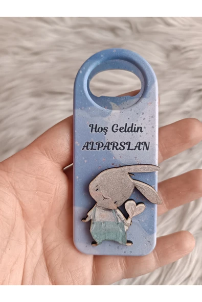 Doğrukan Hediyelik 10 adet mavi tulumlu tavşanlı kabartmalı uzun açacak magnet yenidoğan doğum günü hediyelik ürün görseli