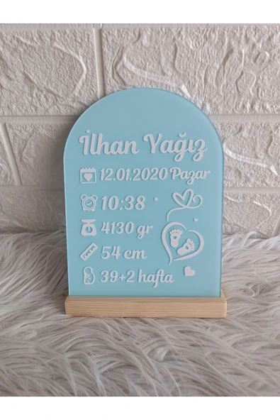Doğrukan Hediyelik Ahşap standlı doğum panosu mavi renk yenidoğan hediyelikleri ürün görseli