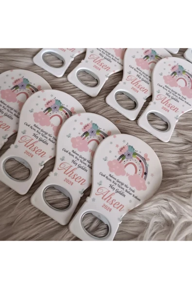 Doğrukan Hediyelik 25 Adet Pembe Çiçekli Gökkuşaklı Yenidoğan Doğum Günü Mevlüt Magnet Hediyelik - Resim 3