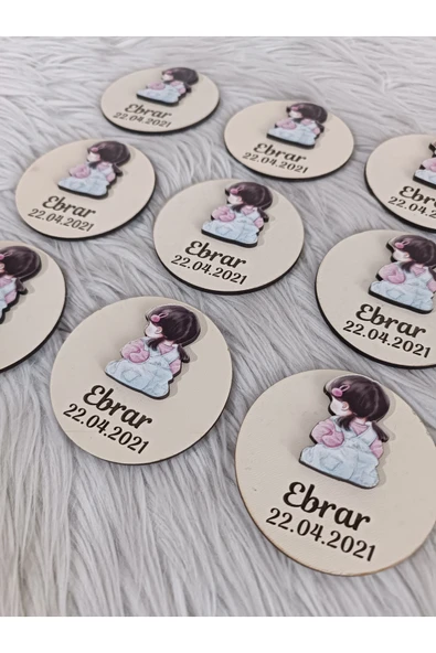 Doğrukan Hediyelik 10 adet arkası dönük oturan kız bebek figürlü ahşap taban magnet yenidoğan doğum günü hediyelikleri - Resim 2