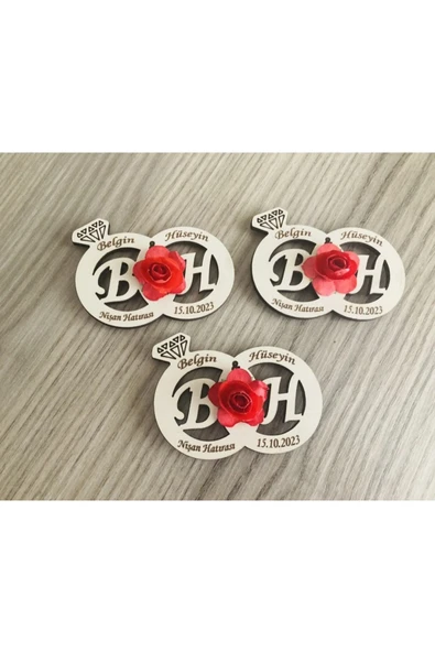 Doğrukan Hediyelik Yüzüklü Ahşap Nişan Nikah Söz Hatırası İçin Çiçekli Magnet Buzdolabı Süsü(20 adet)