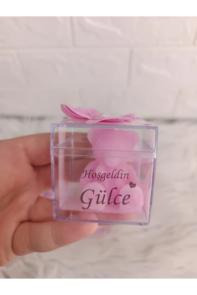 Doğrukan Hediyelik 10 adet pembe ayıcıklı mum mika kutuda çiçek süslemeli yenidoğan doğum günü mevlüt hediyelikleri ürün görseli