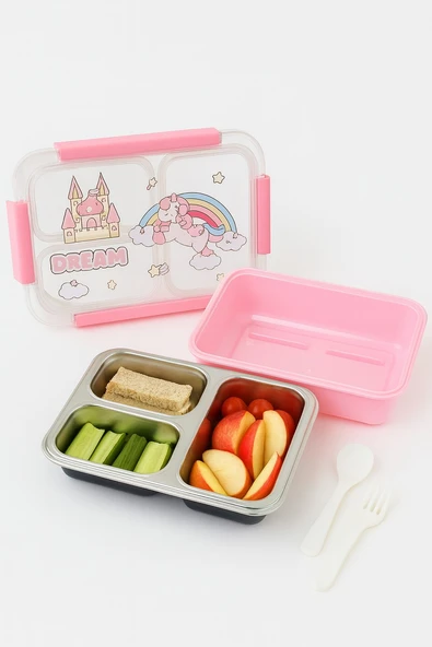 Dekorasyaa Pembe Çocuk Beslenme Kabı - Bölmeli Lunchbox - İçi Çelik - Vakumlu - 3 Bölmeli - 3