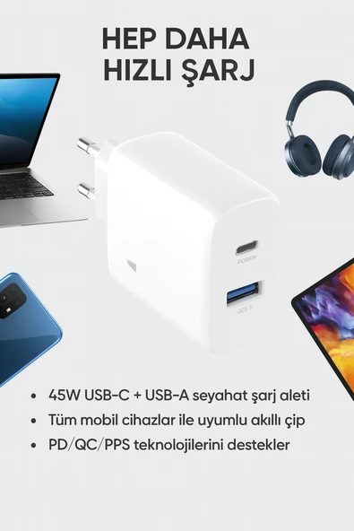 GaN Teknolojili 45W Çift Port Şarj Adaptörü Ultra Hızlı ve Güvenli Şarj Telefon Tablet Uyumlu - 3