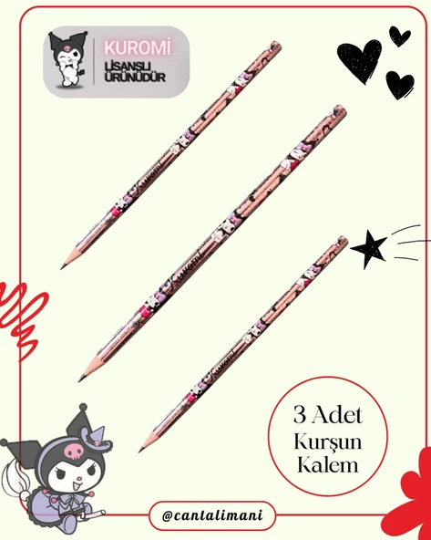 Kuromi Lisanslı Pembe Kurşun Kalem Seti (3 Adet Kurşun Kalem, 2 Adet Silgi, Kalemtraş) - 2